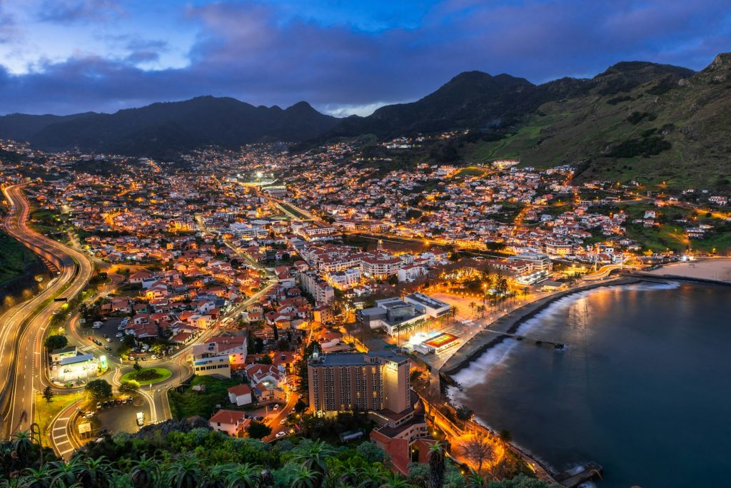 Machico in Madeira island, Portugal. Night cityscape.
